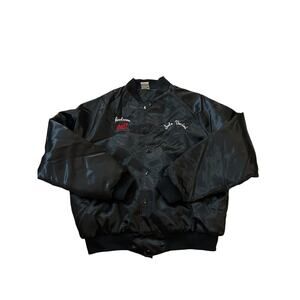 Black Nylon Satin Jacket Large Vintage 90s Aristo Jac Made in USA Collared Lined